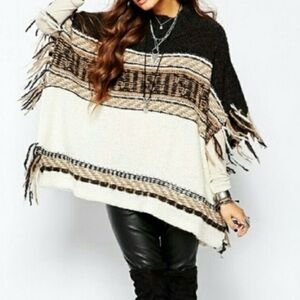 Free People Labyrinth Black and Cream Fringe Poncho